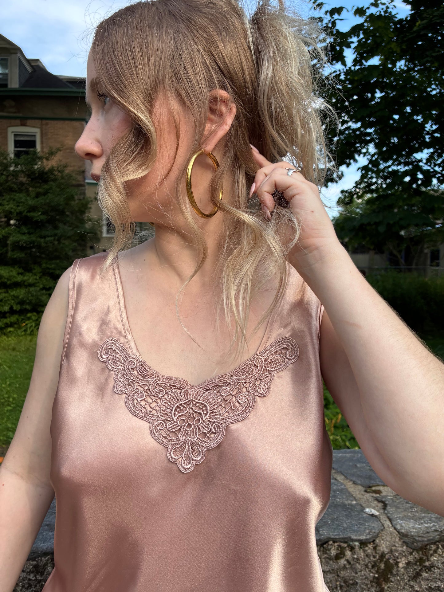 Pink Satin Tank with Embroidery