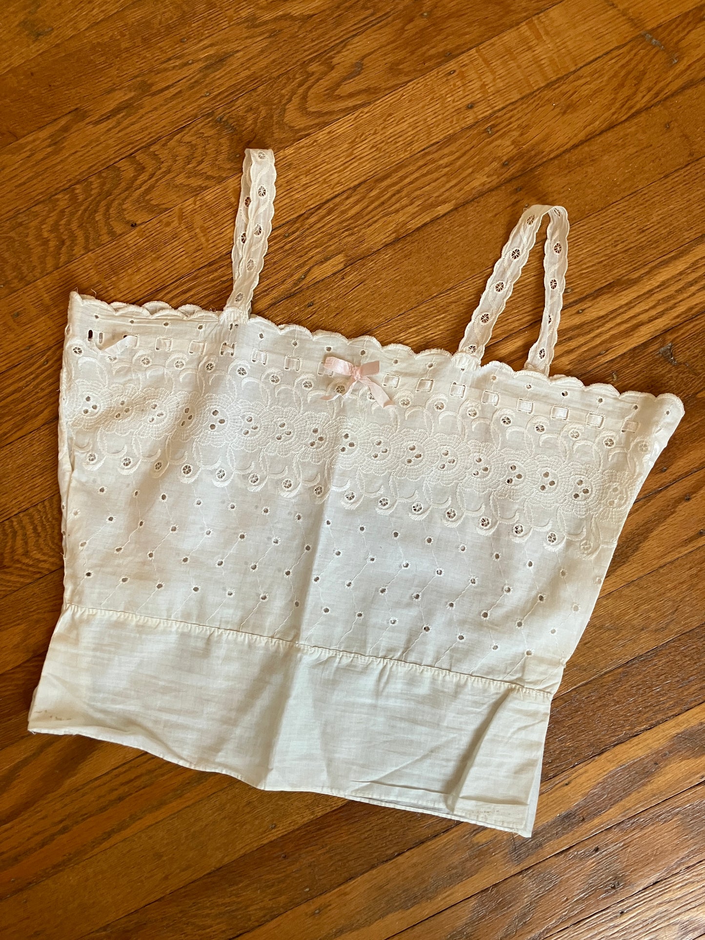 Vintage Eyelet Camisole Top with Pink Ribbon Detail