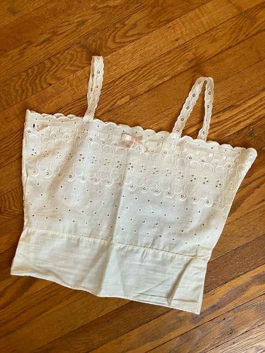 Vintage Eyelet Camisole Top with Pink Ribbon Detail