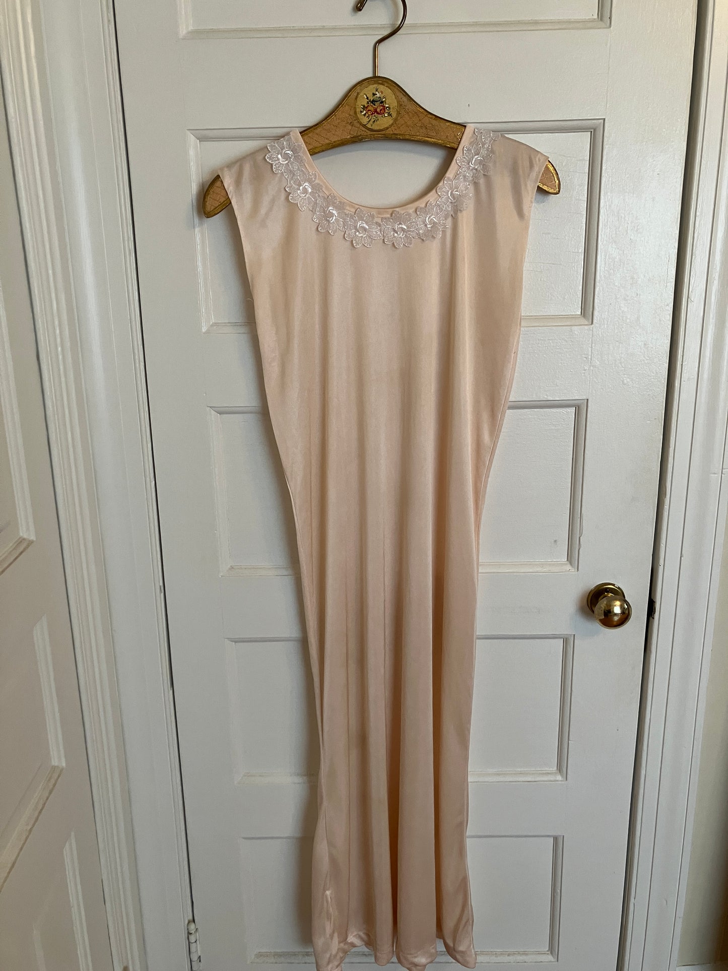 Baby Pink 1960s/70s Satin Slip Dress with Lace Appliqué