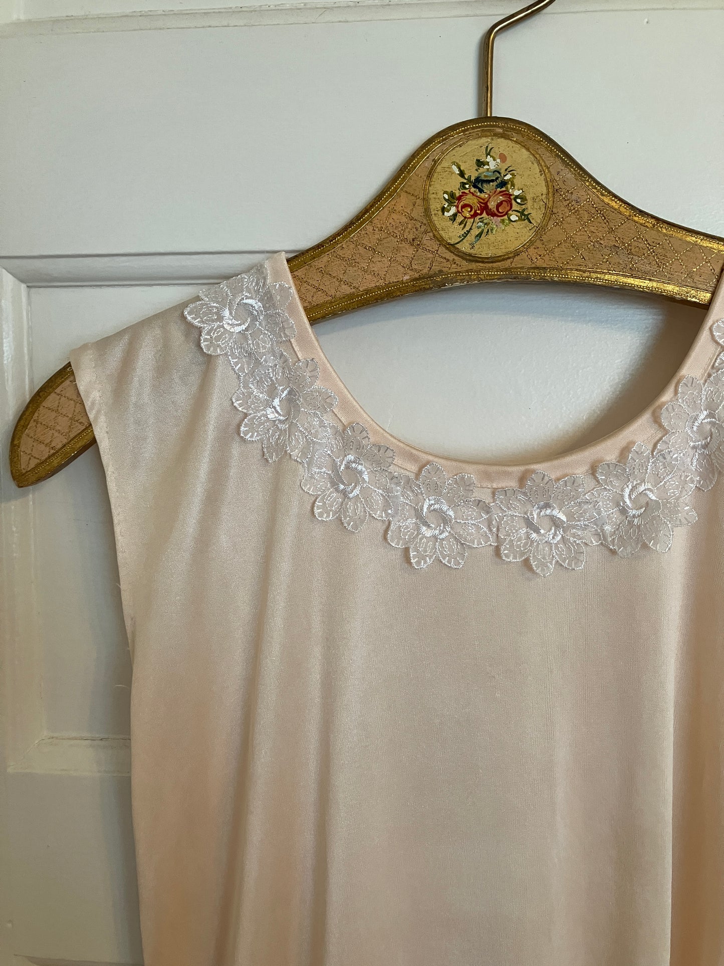 Baby Pink 1960s/70s Satin Slip Dress with Lace Appliqué
