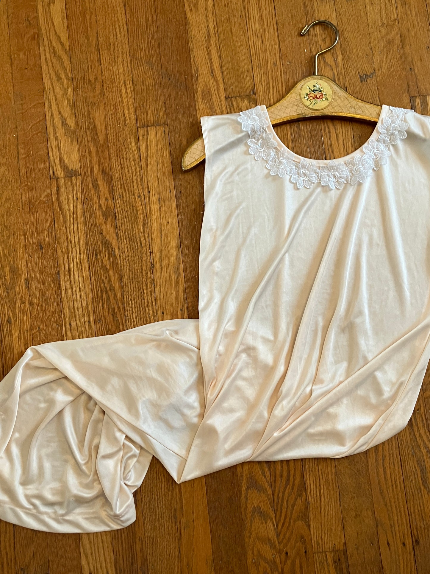 Baby Pink 1960s/70s Satin Slip Dress with Lace Appliqué