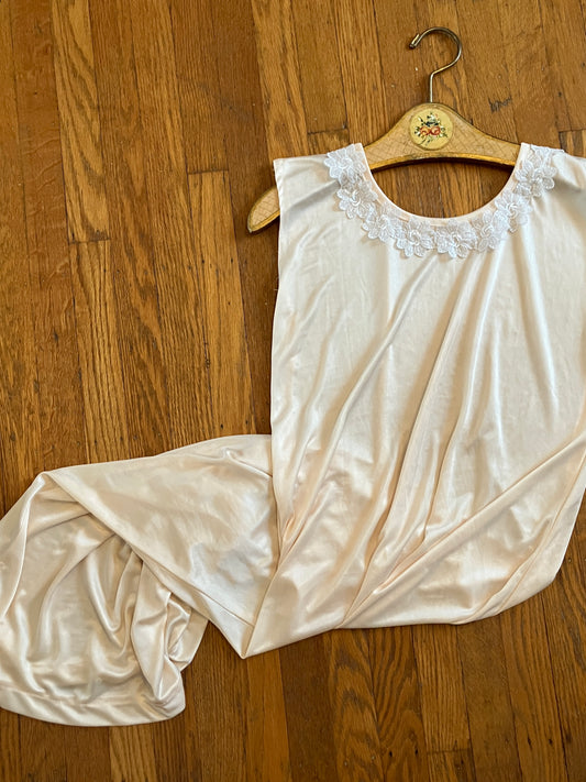 Baby Pink 1960s/70s Satin Slip Dress with Lace Appliqué
