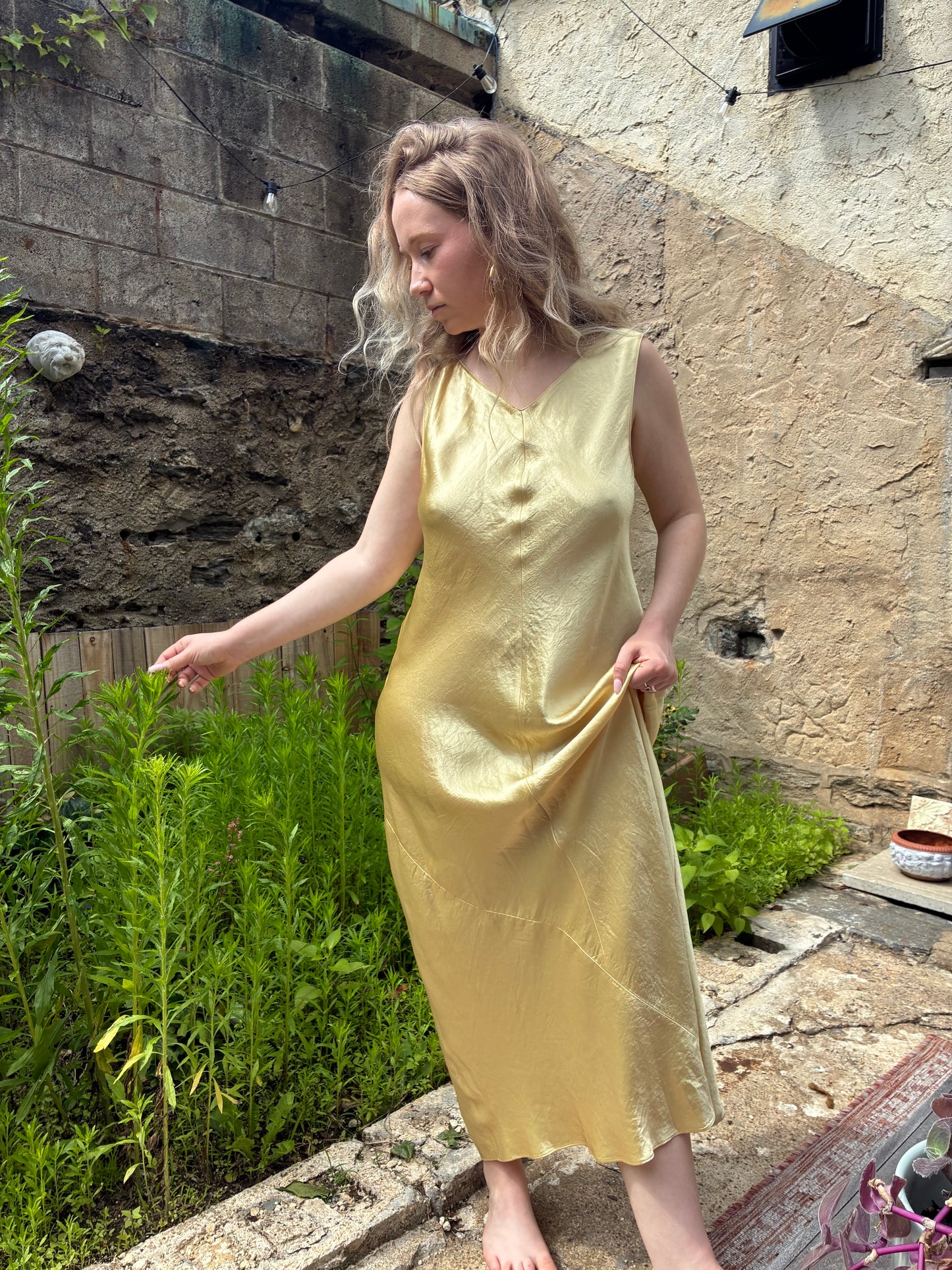 Vince Yellow Metallic Satin Slip Dress