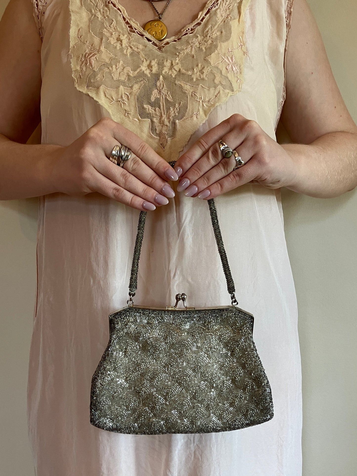 Silver Scallop 1980s Beaded Evening Bag