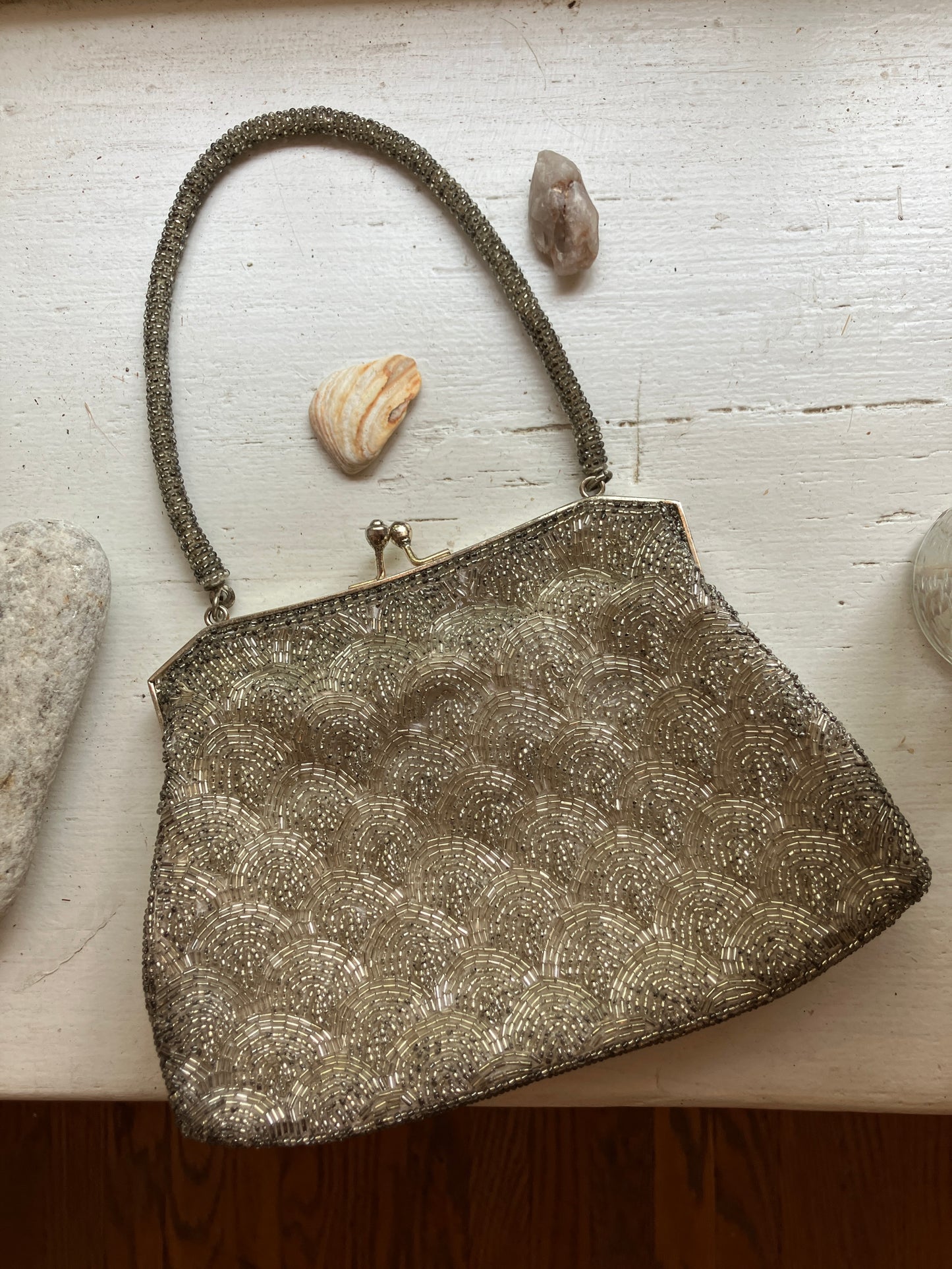 Silver Scallop 1980s Beaded Evening Bag